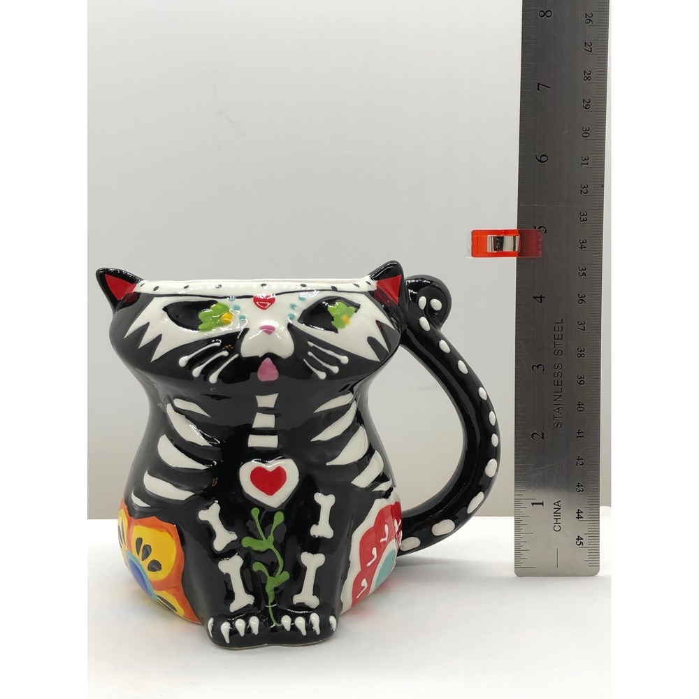 Spectrum Designz 2019 Day of the Dead Cat Mug Sugar Skull Skeleton Black Ceramic - Picture 2 of 9